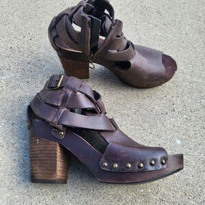 Denim & Supply Ralph Lauren Brown Leather Wooden Block Heel Platform Studded 8